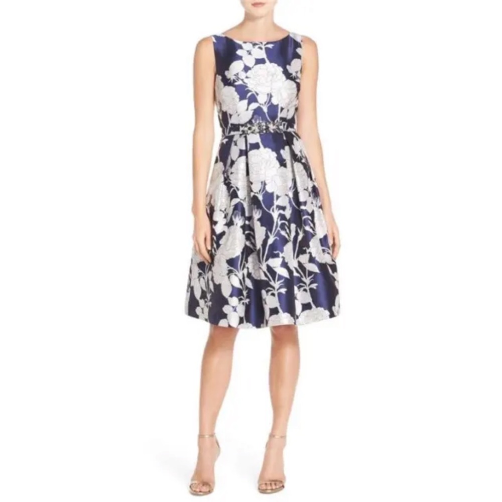 ELIZA J FLORAL BOX PLEAT FIT AND FLARE SLEEVELESS DRESS